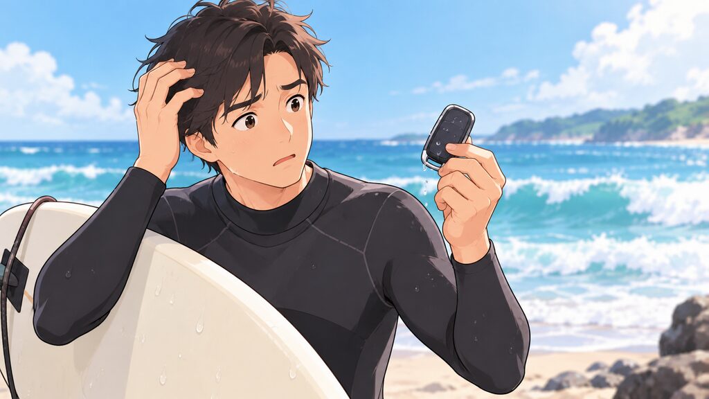 海辺でスマートキーを手にしたサーファーが、水没リスクに思いを巡らせて悩んでいる