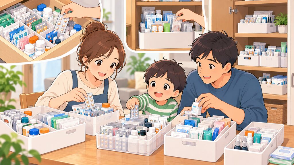 無印良品や山崎実業のtowerなどの便利な収納アイテムを使って、薬をきれいに縦置き整理している