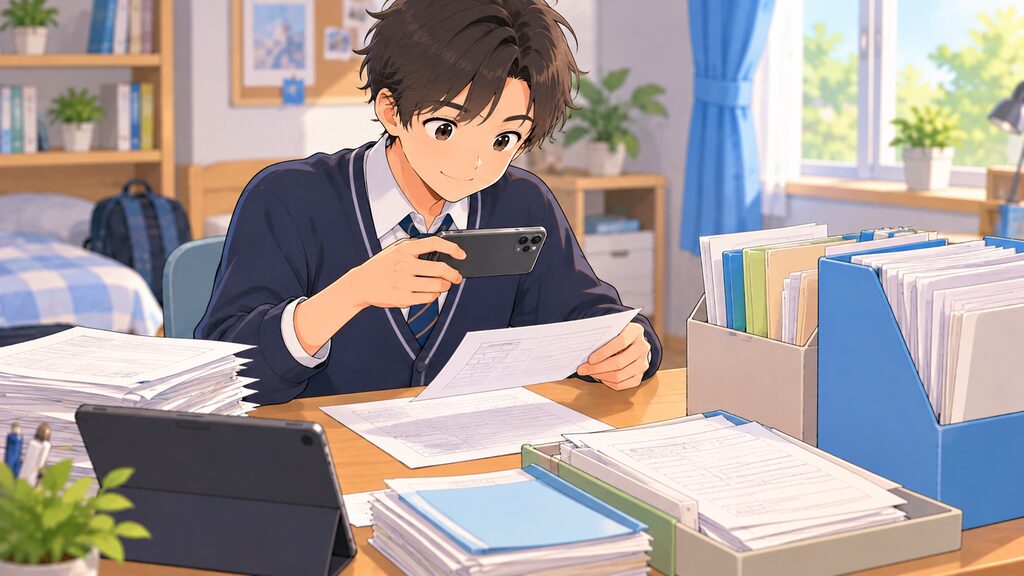 紙のファイルとスマートフォンのスキャンアプリを組み合わせて、効率的にプリントを管理している