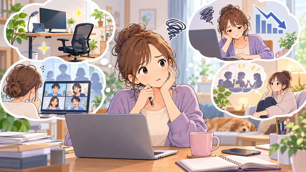 自宅でのテレワークにおける生産性低下やコミュニケーションの課題に戸惑いながらも、解決策を模索している