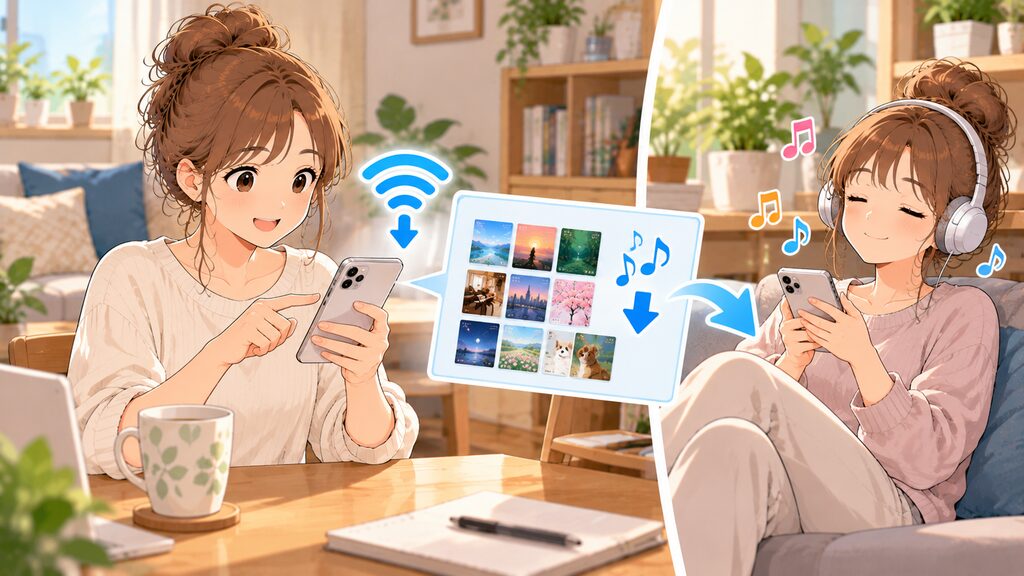 自宅で事前に音楽をダウンロードして、お出かけ時の通信量を賢く節約している