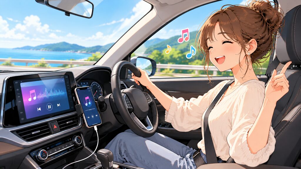 車内でスマートフォンとオーディオを接続して音楽を聴きながらドライブを楽しんでいる