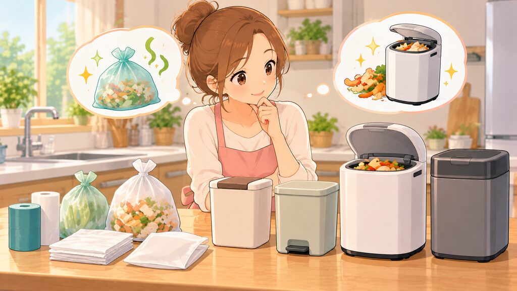 防臭袋や生ゴミ処理機などのタイプ別のおすすめ対策グッズを選び、快適なキッチン環境を整えている
