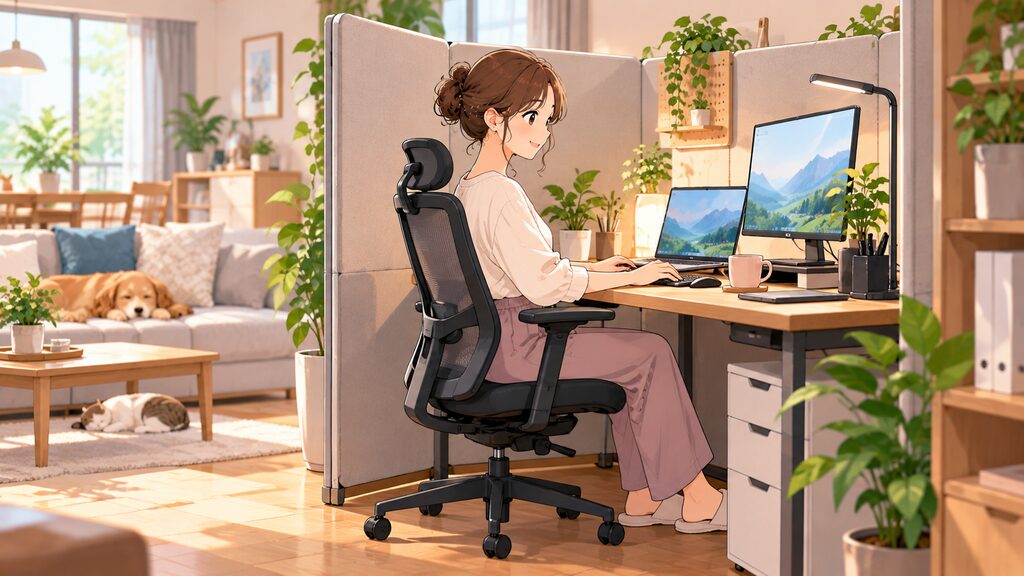 限られたスペースでも集中力を高められるよう、リビングにパーテーションや機能的なデスク・チェアを配置して快適な在宅ワーク環境を構築している