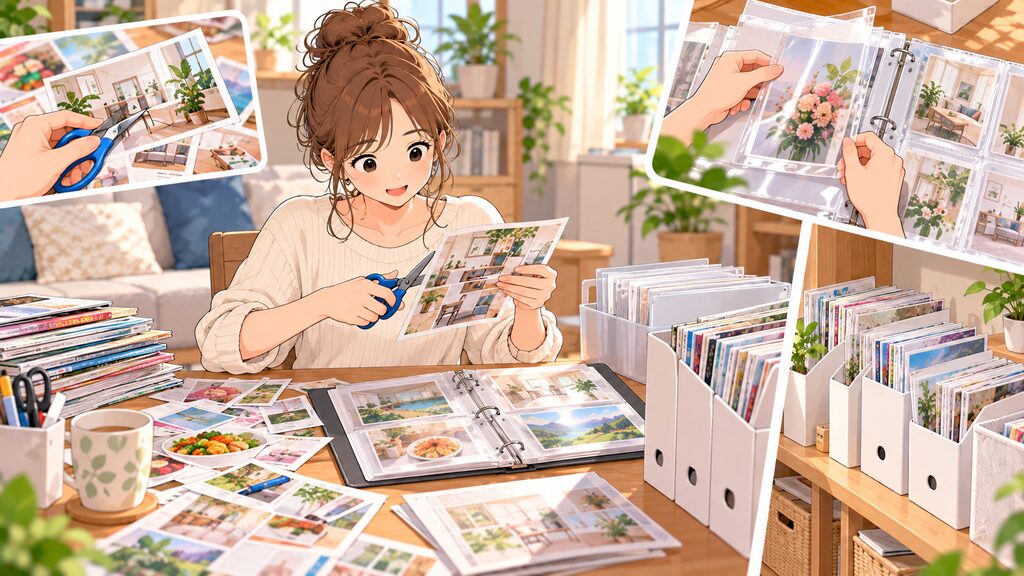 雑誌を解体し、必要なページだけを選り抜いてクリアファイルにきれいに整理して保存している