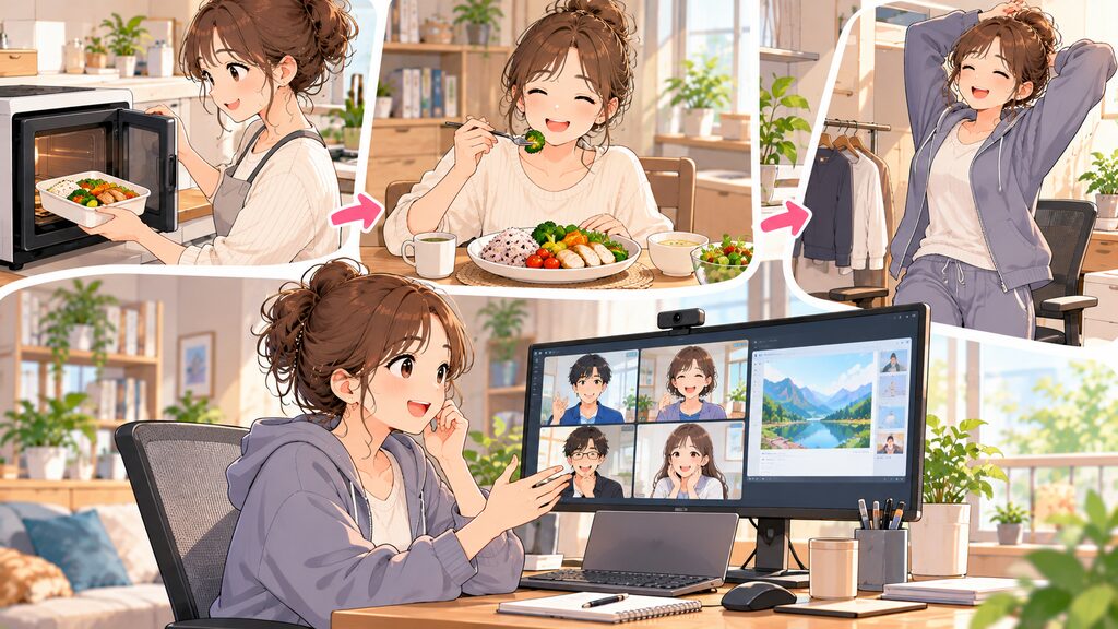 電子レンジでの時短ランチや快適なワークウェアへの着替え、オンライン会議での画面共有といった具体的な工夫を取り入れ、オンオフの切り替えを楽しんでいる