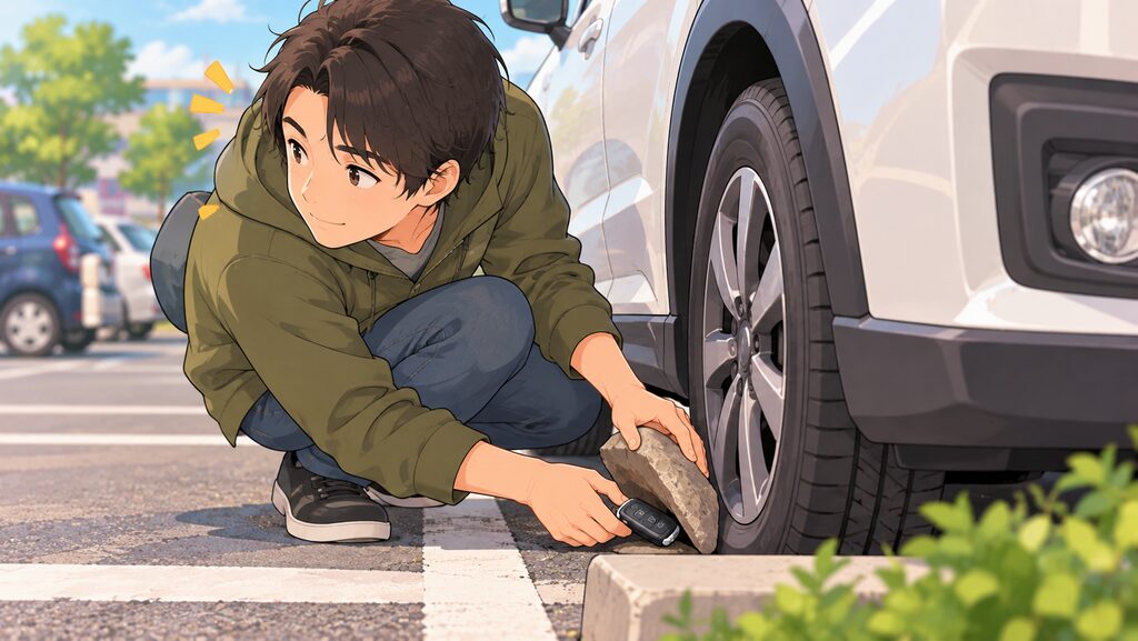 駐車場の車体のタイヤ付近に鍵を隠している